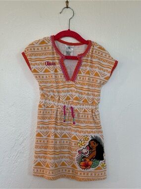 Disney Girls' Moana Patterned Dress with Pink and Orange Trim
